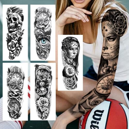 Big Gangster Rose Compass Temporary Tattoos Sleeve For Women Men Skull Evil Eye Full Arm Fake Tatoos Disposable Tattoo Stickers