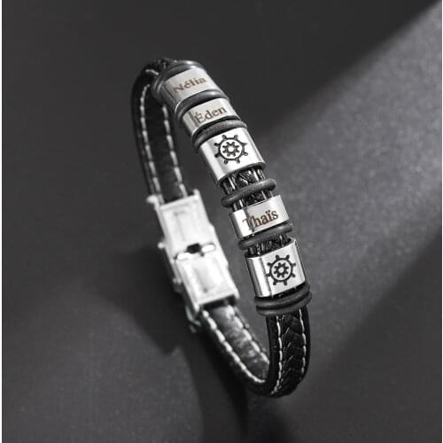 Polyhedron Shape Steel Bead Charm Men Custom Genuine Leather Braided Rope Bracelet Personalise Name Bracelet Fathers Day Gifts