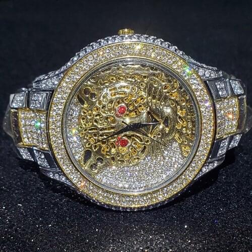 Hip Hop MISSFOX Ruby Tiger Mens Watches Top Brand Luxury Gold Diamond Stainless Steel Bracelet Luxurious Quartz Wristwatches
