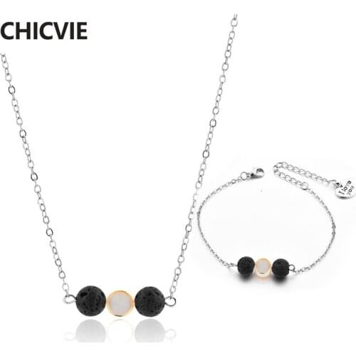 CHICVIE Wedding Lava Stone Beads Crystal Jewelry Set Women Stainless Steel Necklace Bracelets Jewelry Accessories Sets SNE180058