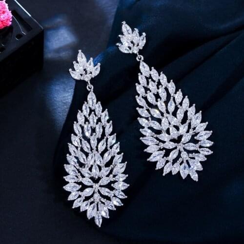 CWWZircons High Quality Cubic Zirconia Stones Jewelry Silver Color 5 cm Long Big Blooming CZ Earrings for Women CZ311