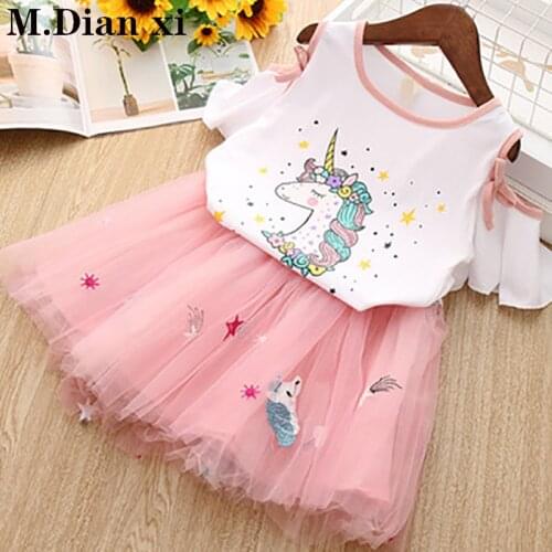 Childrens Girls' Suit 2019 Summer New Girls Print Off-Shoulder Trumpet Sleeve Tops + Puffed Skirt Two-piece Set