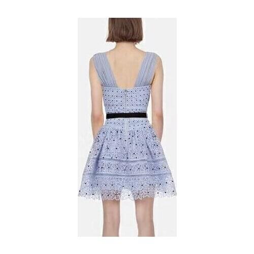 Dove Blue Guipure Lace Spiral Paneled Mini Dress Chiffon Bandage Straps Lattice Trimmed Sleeveless Tank Flare Party Date Dress