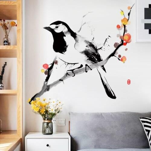 Intage Ink Painting Wall Stickers Flowers Bird Living Room Bedroom Decoration DIY Art Wallpaper PVC