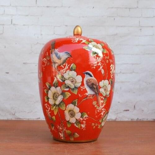 Ceramic European Garden Flower And Bird Ceramic Pot Ceramic Handicraft Ornament porcelain jar red