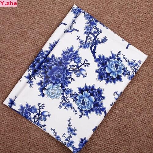 Wide 145cm Chinese Fabric Cotton Polyester Fabric Blue Peony Bird Printed Fabric Quilting Patchwork Sewing Material Diy Clothing