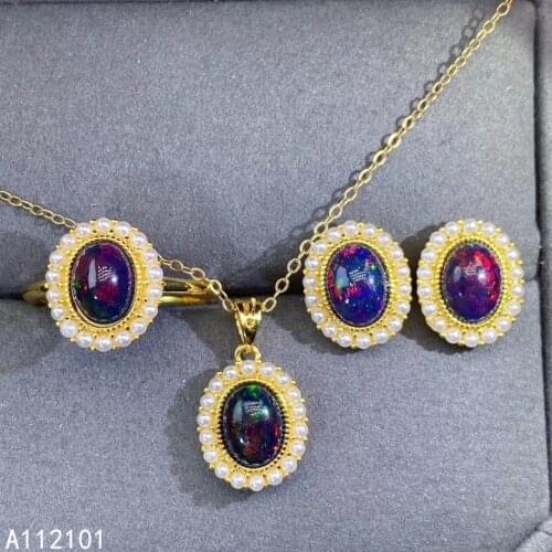 KJJEAXCMY fine Jewelry 925 sterling silver inlaid natural black opal new girl classic pendant ring earring set support test