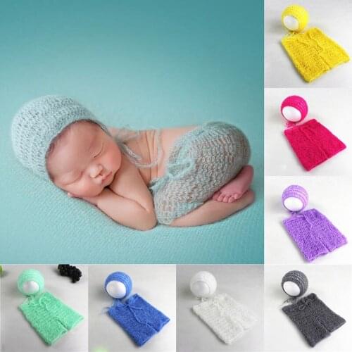 Soft Mohair Newborn Photography Props Costumes Cap/Hat+Pants 2pcs Set Baby Knitted Photo Accessories Infant Outfit