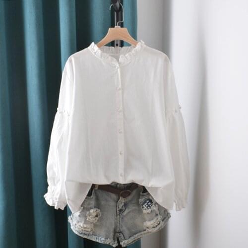 Lamtrip White Brief Ruffles Collar Sweet Cotton 100% Lantern Sleeve Shirt Blouse Mori Girl