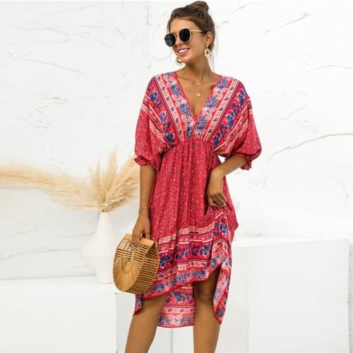 Summer Floral Printed Women Sexy Dress Half Sleeve V-neck Backless Boho Midi Beach Sundress Vintage Party Dresses Female Vestido