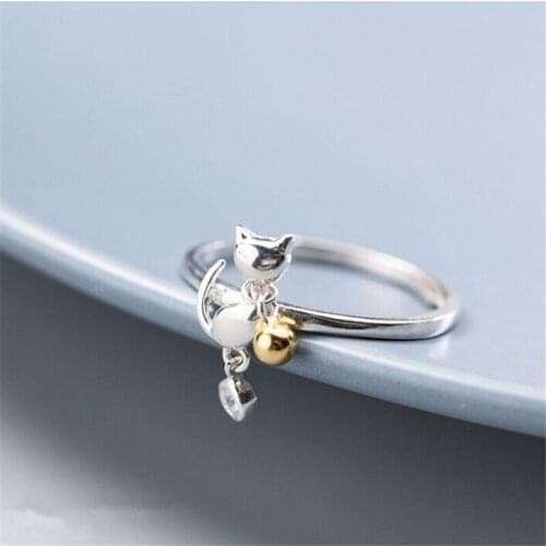 Fashion Silver Plated Cute Cat Small Bell Rings for Women Girls Adjustable Opening Finger Ring Party Rings Fine Jewelry Gifts