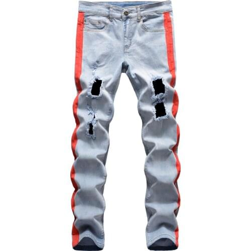 2021 Ripped Holes Slim Fit Jeans Pants Men Blue Red Yellow Designer Straight Blue Jeans Hip Hop 4 Color Patchwork Hole Jeans Men