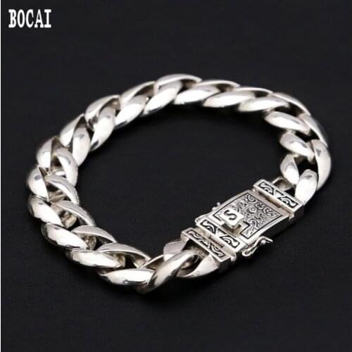 100% real s925 sterling silver retro simple stylish plug totem mens bracelet 12MM wide