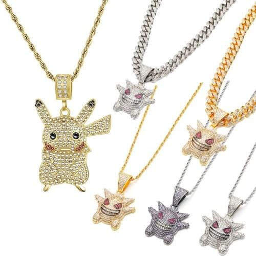 New Pokemon Gengar Pikachu Necklace Pendant Mens and Womens Stainless Steel Hip Hop Necklace Cartoon Jewelry Personality Tile