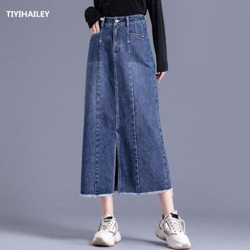 TIYIHAILEY Free Shipping 2021 New Fashion High Waist S-２XL Long Mid-Calf A-line Skirts Women Slit Skirts With Tassels Holes