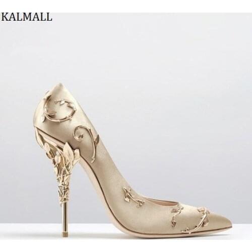 KALMALL Champagne Pink Silk Stiletto Heels Women Shoes Metal Decoration High Heels Wedding Shoes Pointed Toe Slip-On Women Pumps