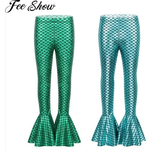 Spring Girls Mermaid Leggings Girls Flared Pants Kids Girl Shiny Scale Pants Slim Trousers Children Leggings for Halloween Party