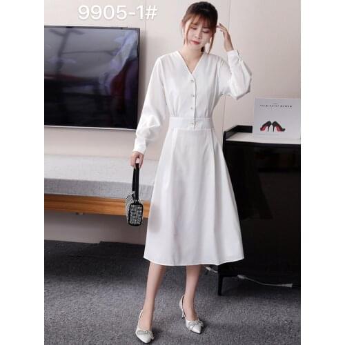 YOMING 2021 New Women Elegant Solid Color V-neck Ladies Dress