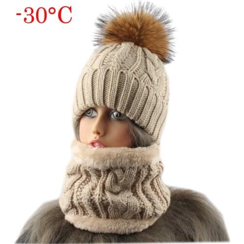 2020 Womens Hat With Scarf Warm Fleece Inside Beanie Girls Winter Cap For Women Real Mink Fur Pompom Hat Female Knitted Caps