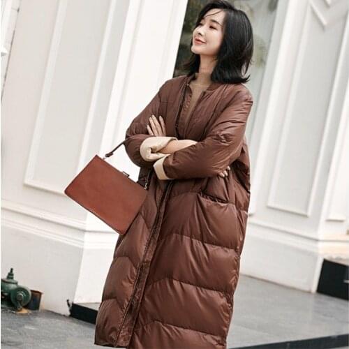 Women 2020 Pocket Winter White Duck Down Stand Collar Jacket Female New Long Thicken Warm Down Parkas Ladies Loose Overcoat P141