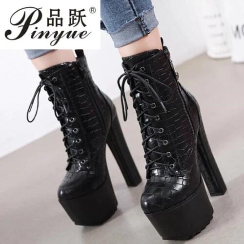 New Arrival 16CM Wild high heel womens boots Winter Women Ankle Boots Platform Lace Thick Heels shoes Plus Size 34-40