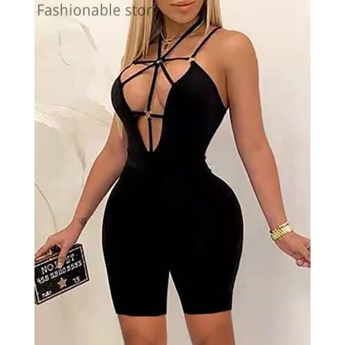 Women Sexy Hollow Out Solid Color Rompers Night Club Party Spaghetti Strap Criss-cross Design Open Back Bodycon Playsuits