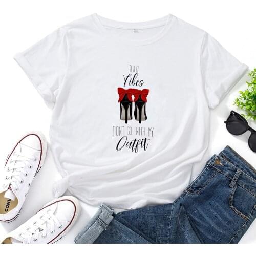 DON'T GO WITH MY Letters Tops Womens T-shirt Red Bow High Heels Graphic Printed T Shirts Women Fashion Streetwear Camisas Mujer
