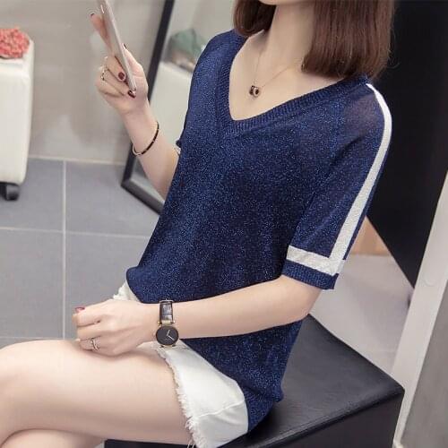 Shiny lurex 2021 Basic B-neck Summer Pullover Women Female Knitted Ribbed Sweater Slim Short Sleeve Badycon High Quality Sweater