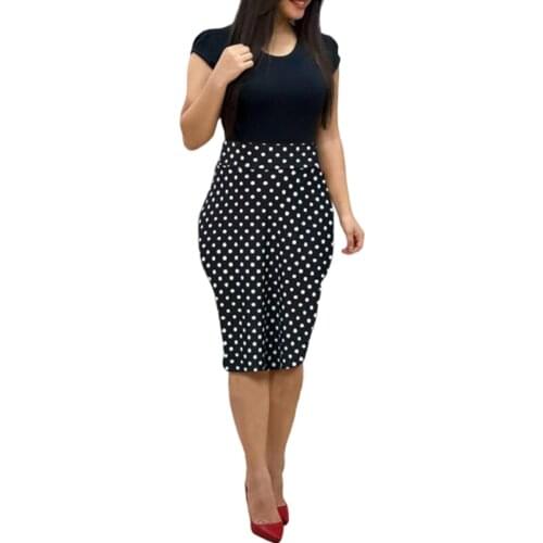 Sexy Mini Bodycon Slim Pack Hips Work Dresses Women Dot Print Office Lady Dress Summer Short Sleeve Splice Dress Plus Size S-5XL