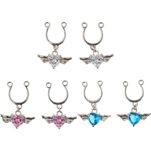 1 Pair Crystal Angel Wing Heart Dangle Clip On Earrings Fake Nipple Rings