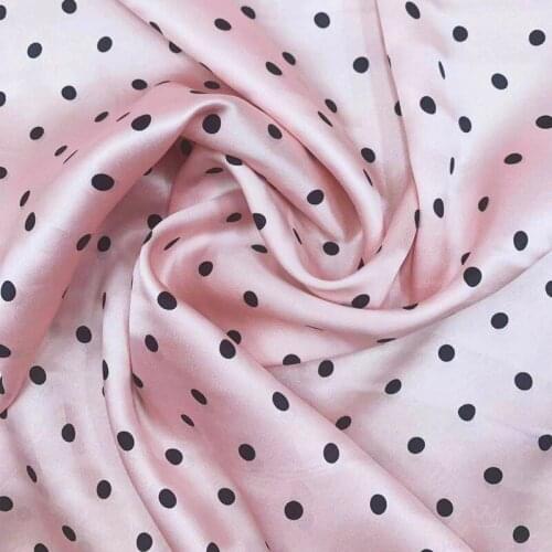 114CM 18MM Black Dots Print Pink Silk Crepe Satin Plain Fabric for Summer Dress Blouse Shirt Pants G043