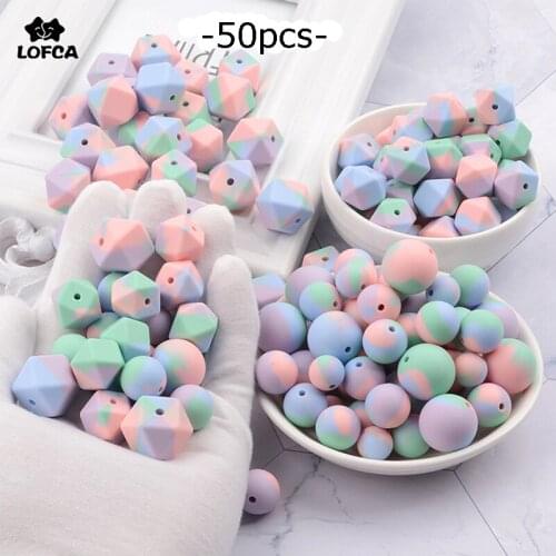 LOFCA 50PCS Silicone Beads Tie-dye Colorful Teething Beads DIY ChewableTeething For Infant Baby Teether Round
