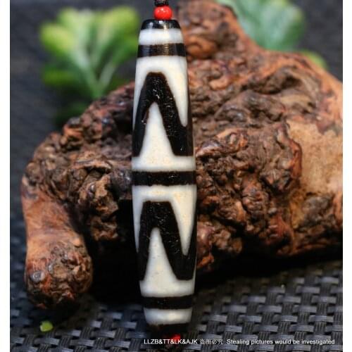 AL Treasure Energy Tibetan Old Agate Oily Patina Sharp Tiger-tooth Totem Long dZi Bead 7CM Timestown UPD21Asw