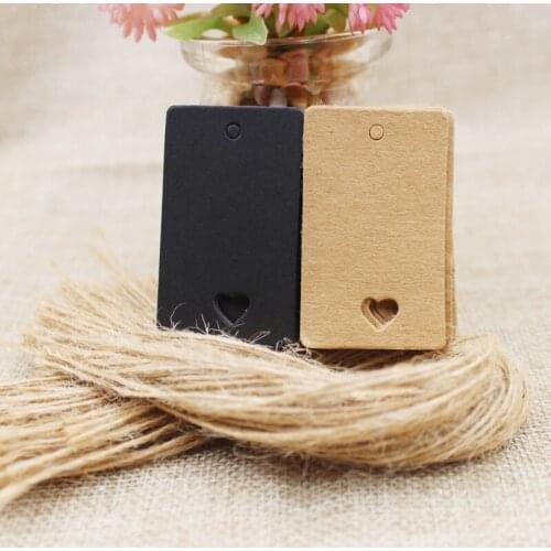 Wholesale 5*3cm DIY Kraft /black /white cardboard blank card tag with heart hollow 100pcs +100 hemp string for gifts hang tag