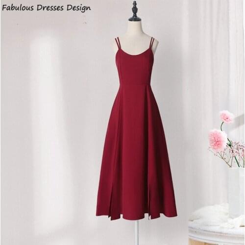 Burgundy Tea Length Bridesmaid Dresses A Line Satin Criss Cross Backless Scoop Neck Bridal Party Dress Spaghetti Strap Prom Gown
