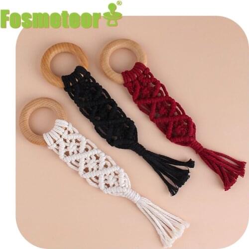 Fosmeteor Baby Beech Wood Toy Teether New Hand-Woven Cotton Rope Molar Stick Shape Pacifier Wooden Teether Newborn Feeding Gifts