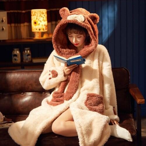 Flannel Nightgown Women Thicken Warm Nightdress Cute Cartoon Bear Hooded Bath robe Sleepwear Home wear Bathrobe Plus Size