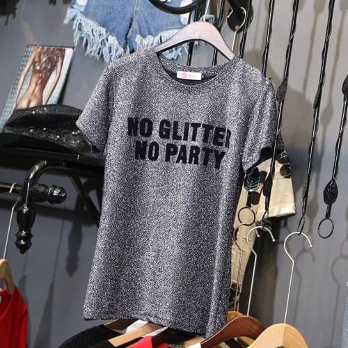 Hiawatha Silver Line Letters Printed Tops Tees Loose O-Neck Women Bright Silk T Shirts Summer Short Sleeve T-Shirt TX003