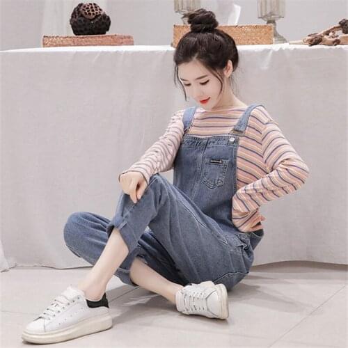 3003# Maternity Clothes Spring Autumn Cotton Striped Suspender Pants Set for Pregnant Women 2 Pcs Clothing