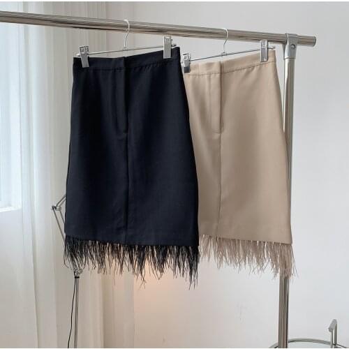Minimalist Slim Short Skirt 2021 Autumn Winter Female Fashion Casual Soft Solid Color Feather Decoration