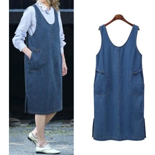 New Spring Autumn Women Dresses Plus Size Casual Loose Sleeveless Tank Solid Jeans Vest Dress For Women Large Denim One-Piece