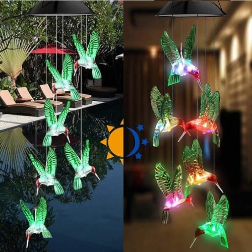 New Solar LED Color Changing Hummingbird Hanging Wind Chime Light Courtyard Garden Balcony Bedroom Decoration