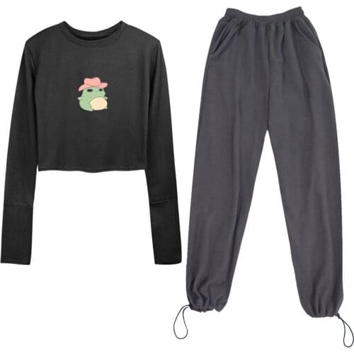 Tight T Shirt Aesthetic Cartoon Frog Cotton Sweatshirt Crop Tops Long Sleeve Shirt Joggers for Women Suits Drawstring Sweatpants