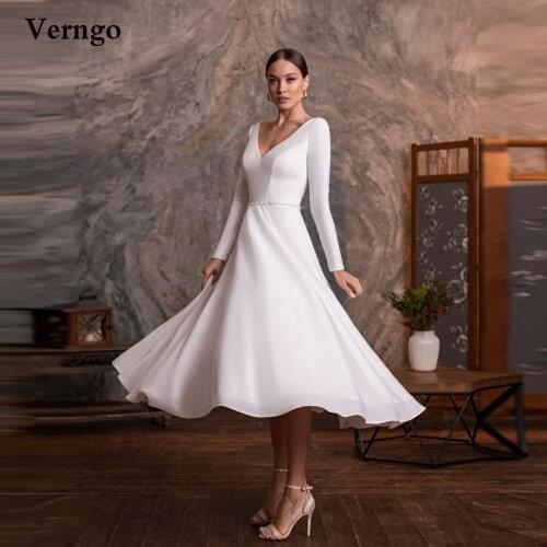 Verngo Simple Elastic Satin A Line Wedding Dresses Long Sleeves V Neck Sheer Buttons Back Tea Length Bride Formal Party Gowns