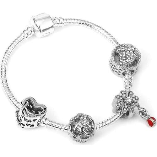 Silver Color Insect Series Snake Chain Charm Bracelet With Dragonflies & Flowers Beads For Women Fashion Jewelry Gift