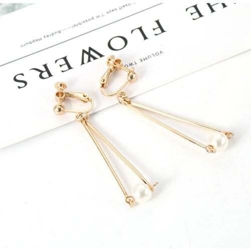 CRLEY Luxury Pearl Clip Earrings for Woman Gold Metal Elegant Statement Geometric Brand New Wedding Jewelry pendientes mujer