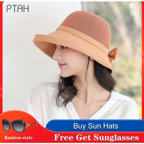 [PTAH] Summer Women Sun Hat Straw Anti-UV Sun Protection Beach Caps Breathable Comfortable Foldable Windproof Belt Visors Female