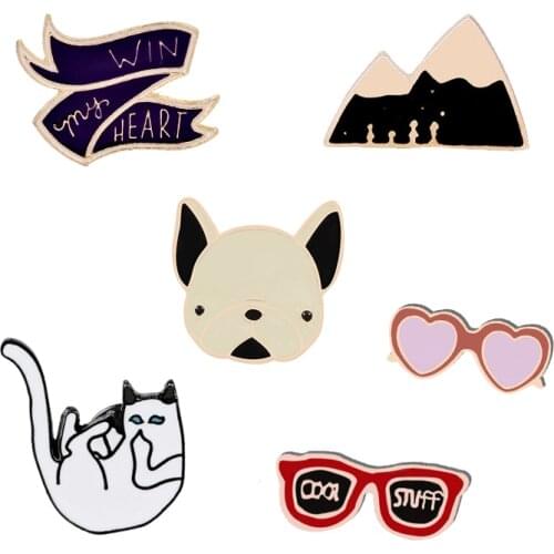 Dog Cat Badges Heart Glasses Ribbon Brooches Pins Cute Clothes Jackets Metal Lapel Pin Small Broche For Women Kids Jewelry Gifts