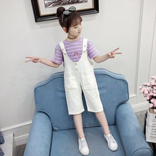 Girls Loose Overalls 2021 New Summer Cotton Five-point Suspenders Fashionable Girls Solid Color Jumpsuit