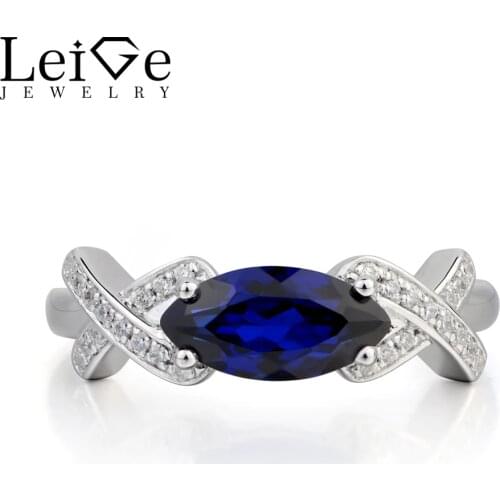 Leige Jewelry Blue Sapphire Ring Proposal Ring September Birthstone Marquise Cut Blue Gemstone 925 Sterling Silver Ring for Her